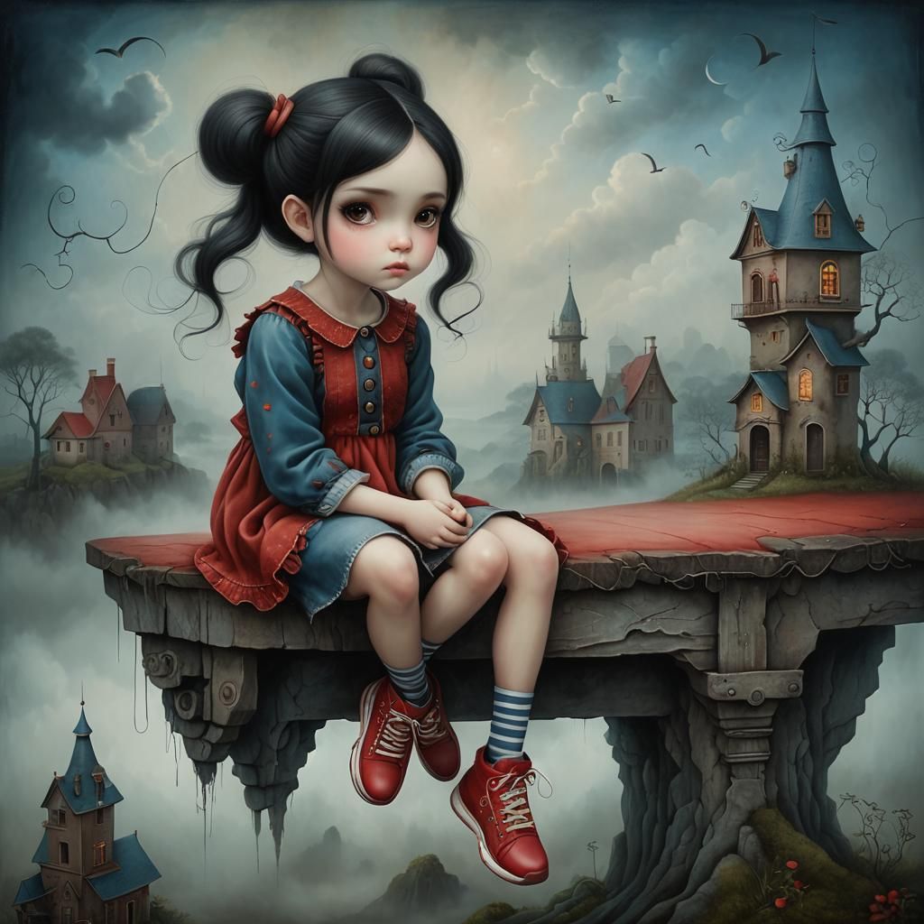 Surreal Girl in Dreamlike Gothic Fantasy Landscape