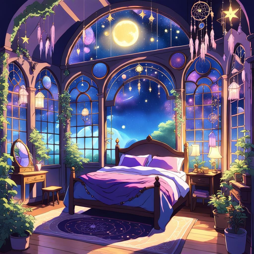 Dreamy Cosmic Bedroom in Anime Style