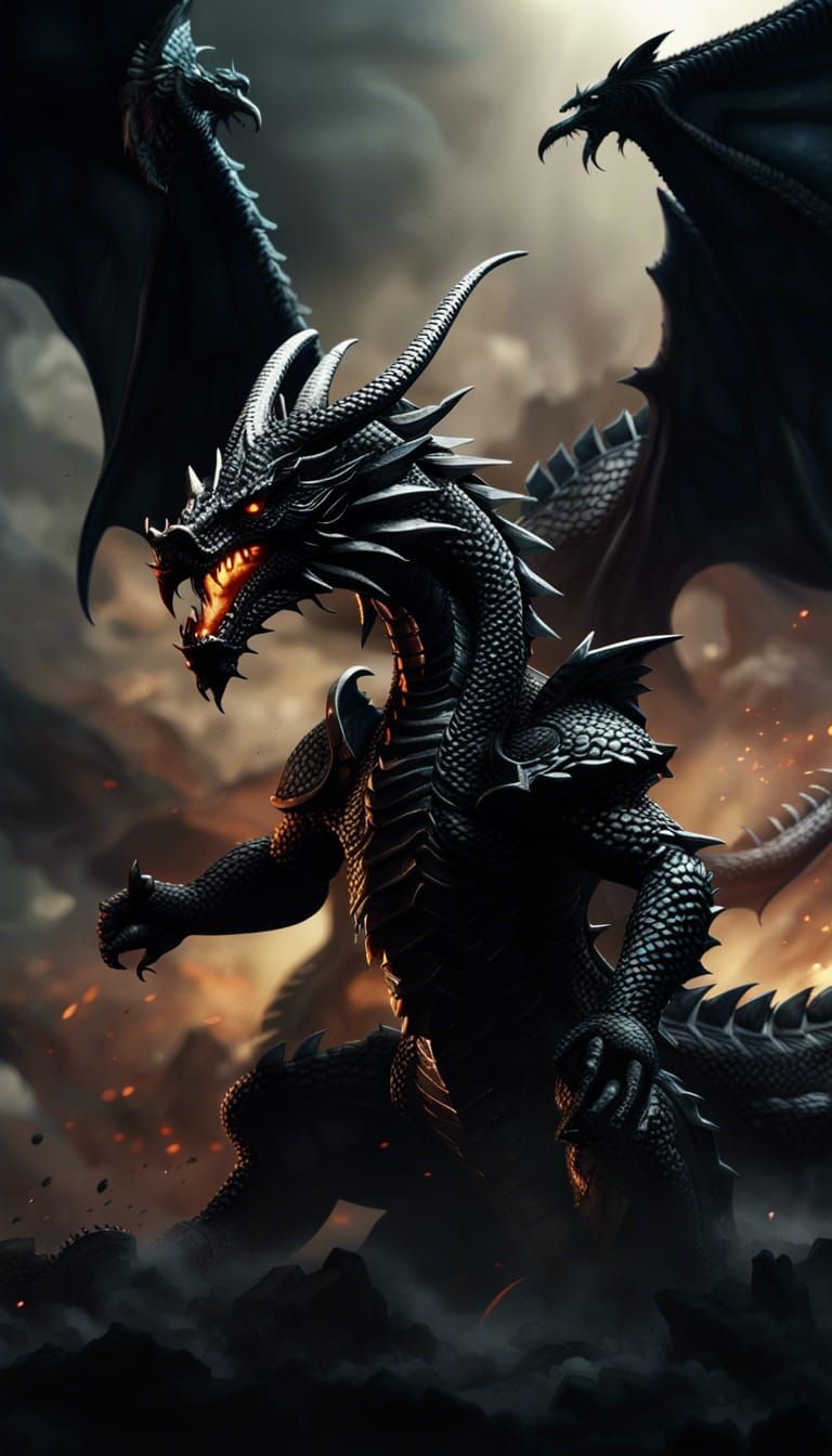 Black Dragon God Battles Army in Dark Fantasy
