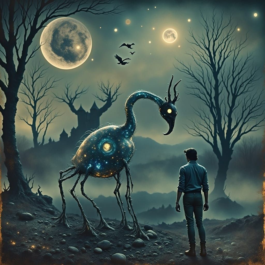 Rust-Colored Beast Emerges from Vintage Nightscape