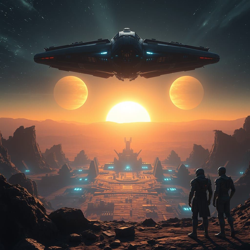 Surreal Twin Suns World with Ancient Ruins and Sci-Fi Spaces...