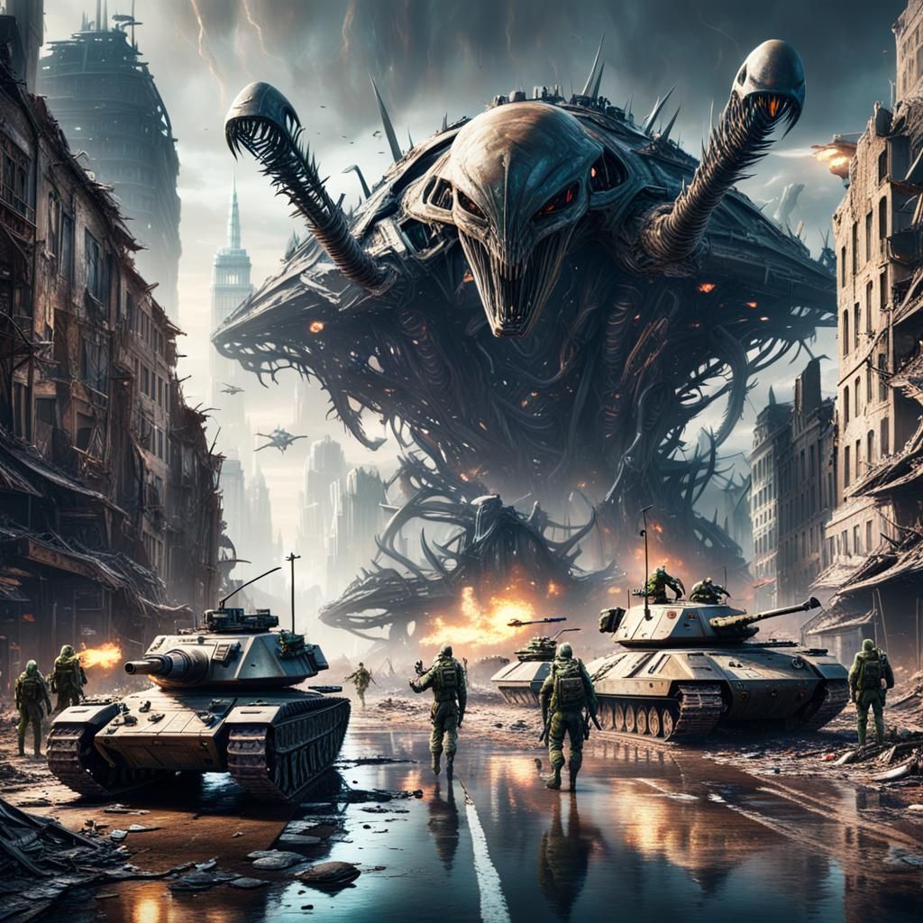 Aliens Observe Army in Destroyed City, Detailed Matte Painti...