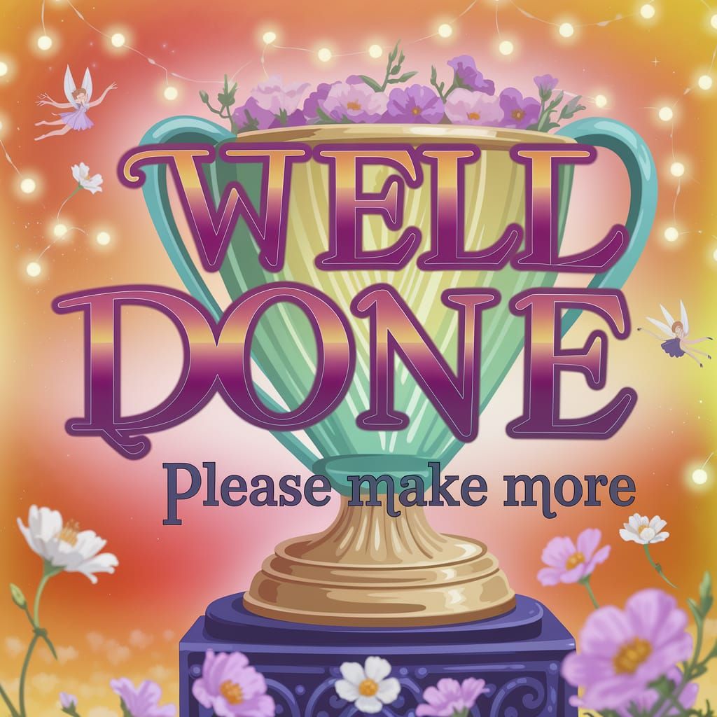 In an enchanting anime-style illustration, the triple-bold, 3D, raised logo "I LOVE THIS please make more" in an extra h...