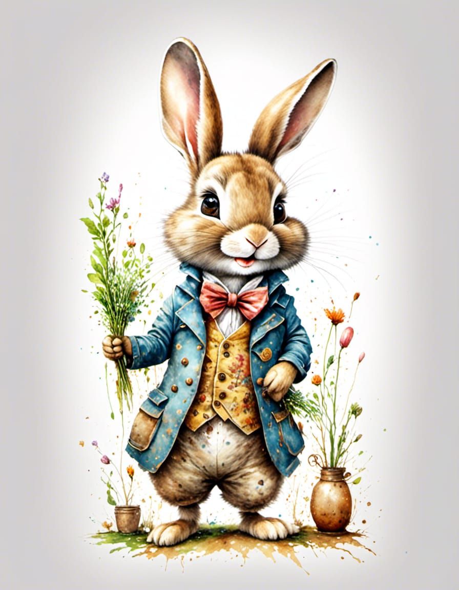 Cute Rabbit in Watercolor Beatrix Potter Style
