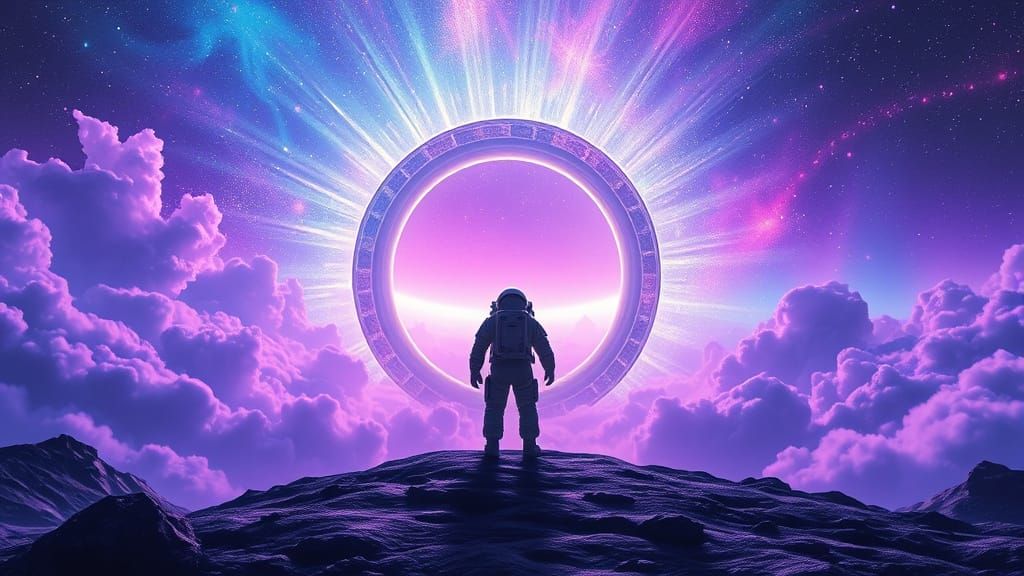 Surreal Astronaut Discovers Cosmic Wonders Beyond Iridescent...