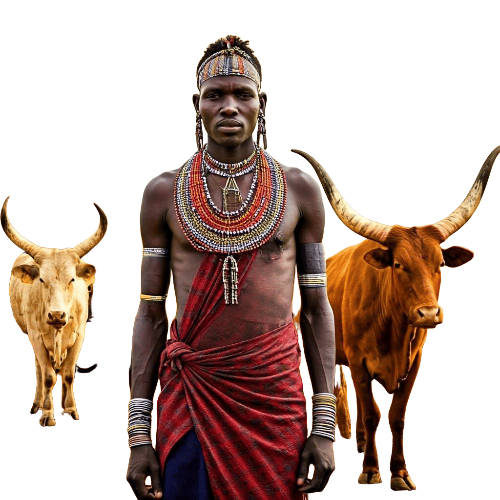 Dinka Tribesman and Prized Cattle Portrait