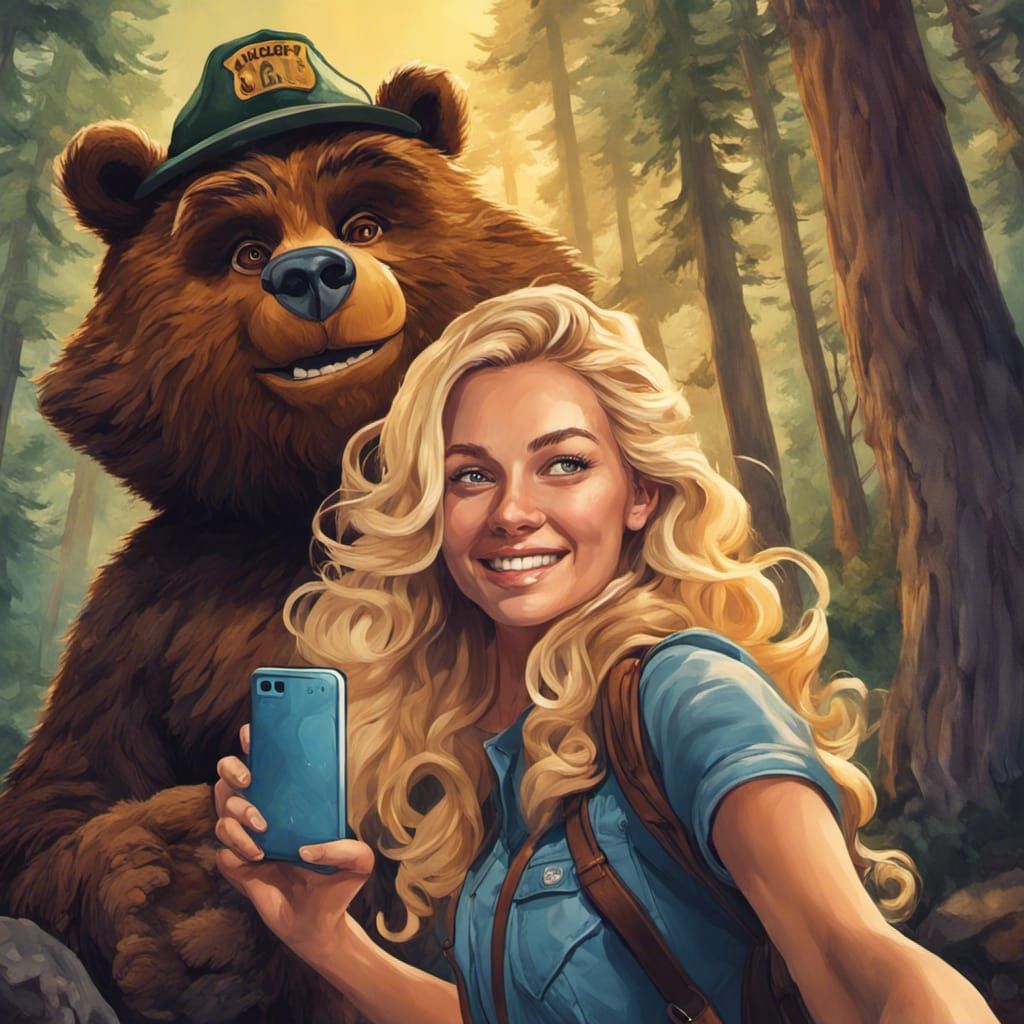 Selfie with Smokey Bear in Hyperrealistic Forest