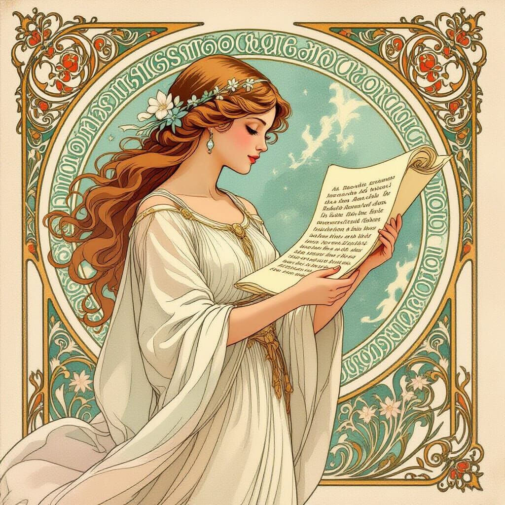 Maiden Unfolds Ancient Prophecy Scroll with Art Nouveau Flou...