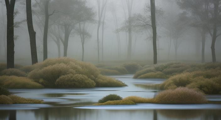 Abstract Glass Sculpture in Misty Garden