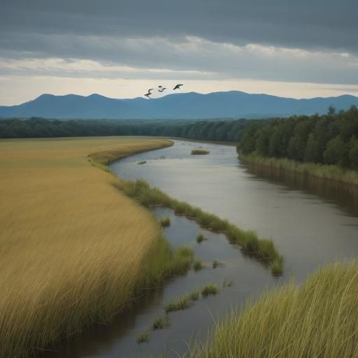 River Through Tall Grass with Birds