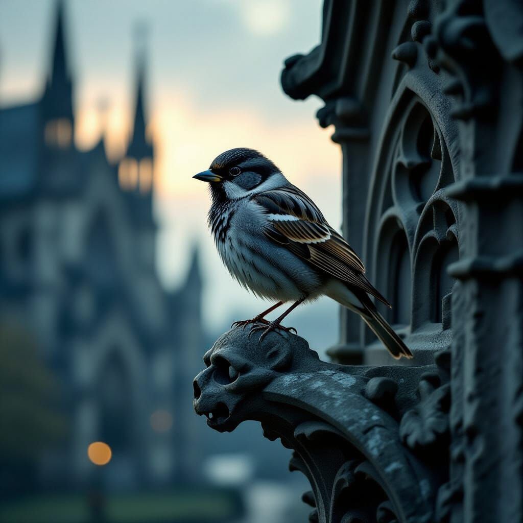 Lone Sparrow on Cathedral Gargoyle in Twilight