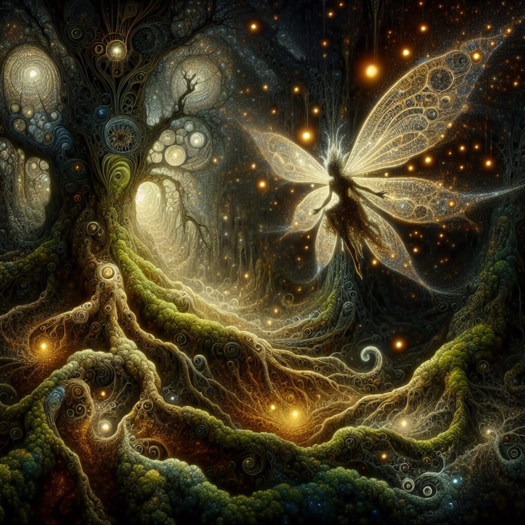 Ethereal Fairy Amidst Ancient Forest Mysticism