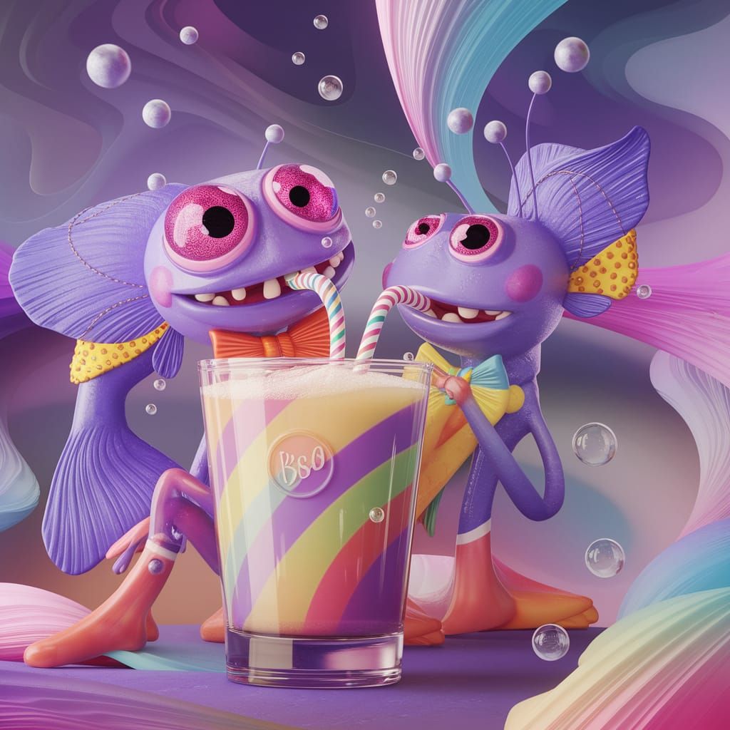 Purple Alien Fish Sipping Soda, Dreamy Pastel Art