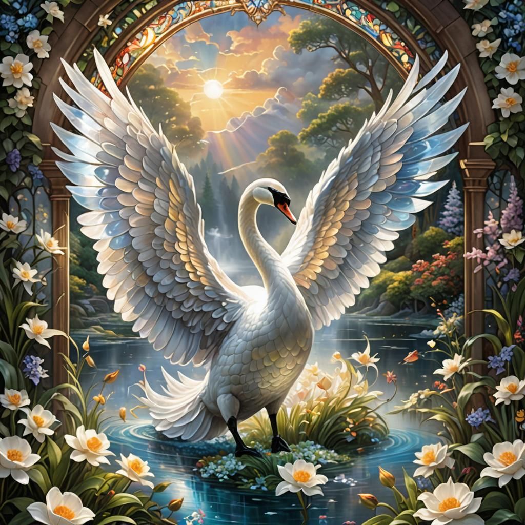 Stained Glass Swan with Flowery Backdrop