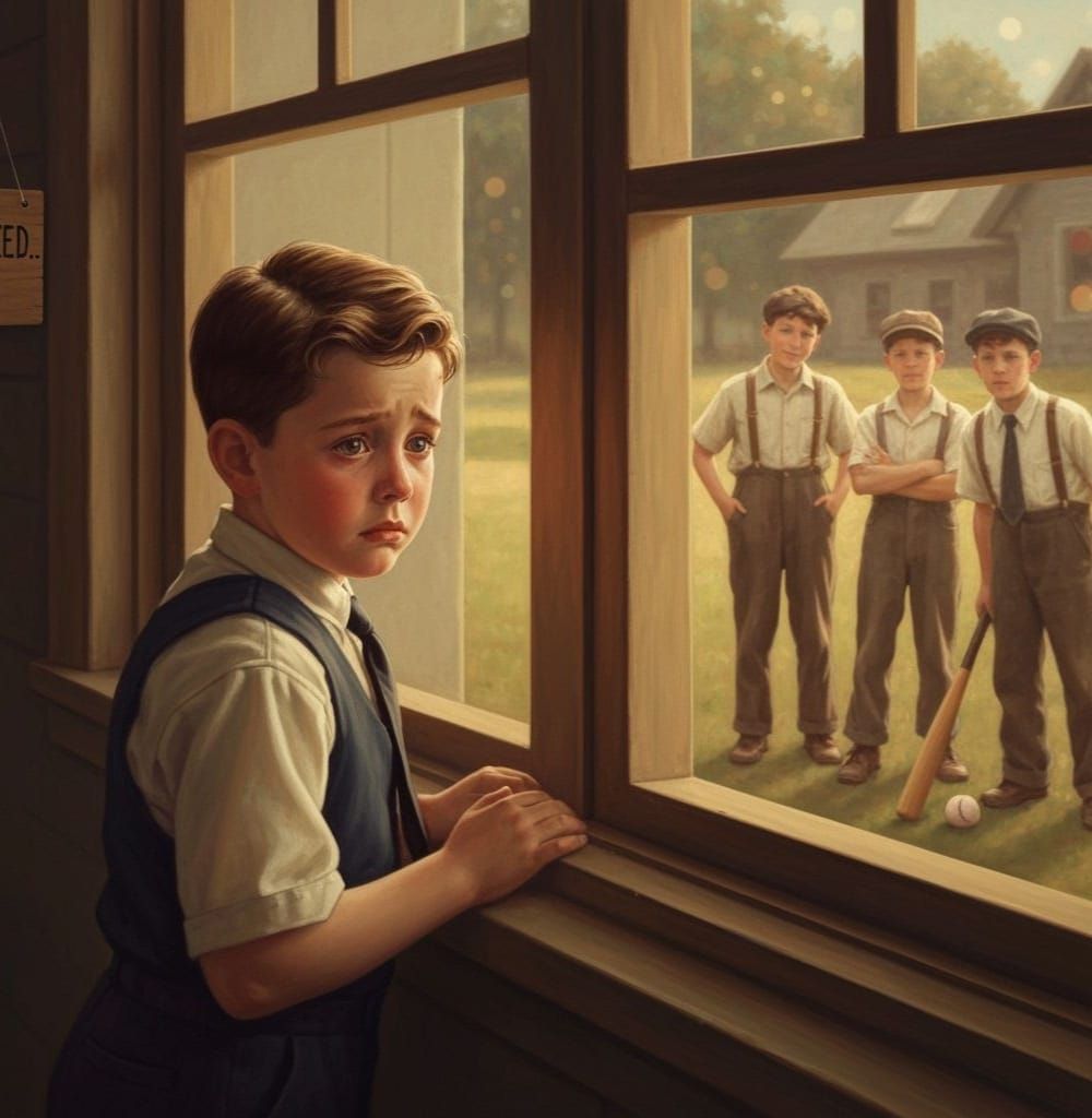Boy Sad at Window, Friends Wait Outside 1950s House