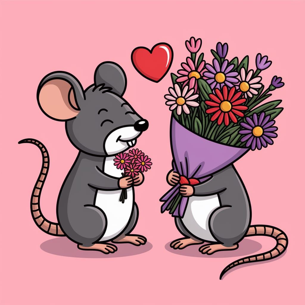 A shy mouse giving his girlfriend a bouquet of flowers