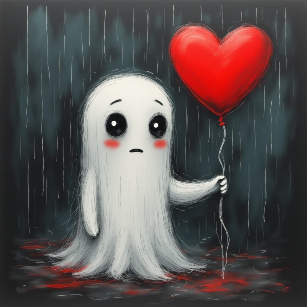 Sad Ghost with Heart Balloon in Rain