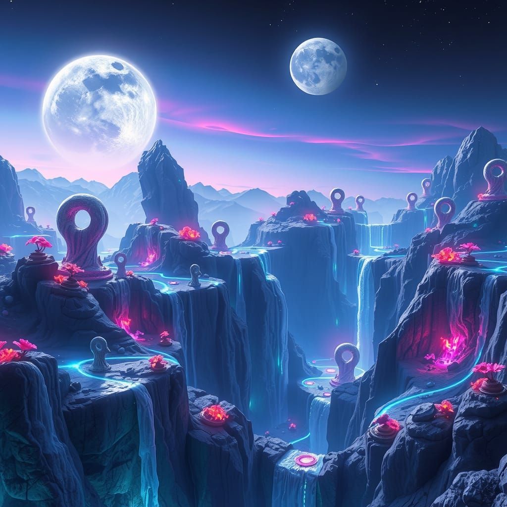 Alien Planet Landscape with Bioluminescent Flora