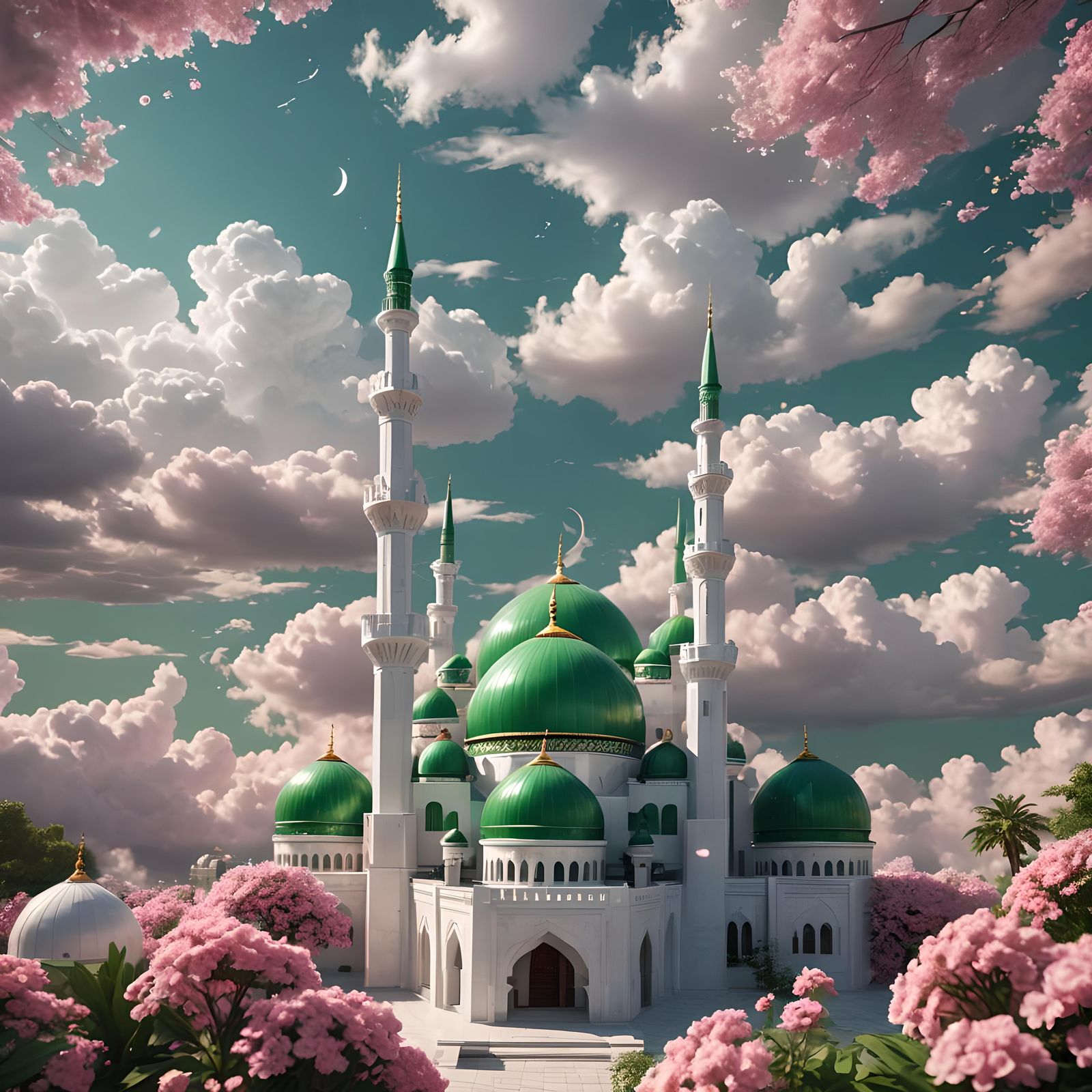 Hyperrealistic Mosque with Green Dome and Pink Flowers