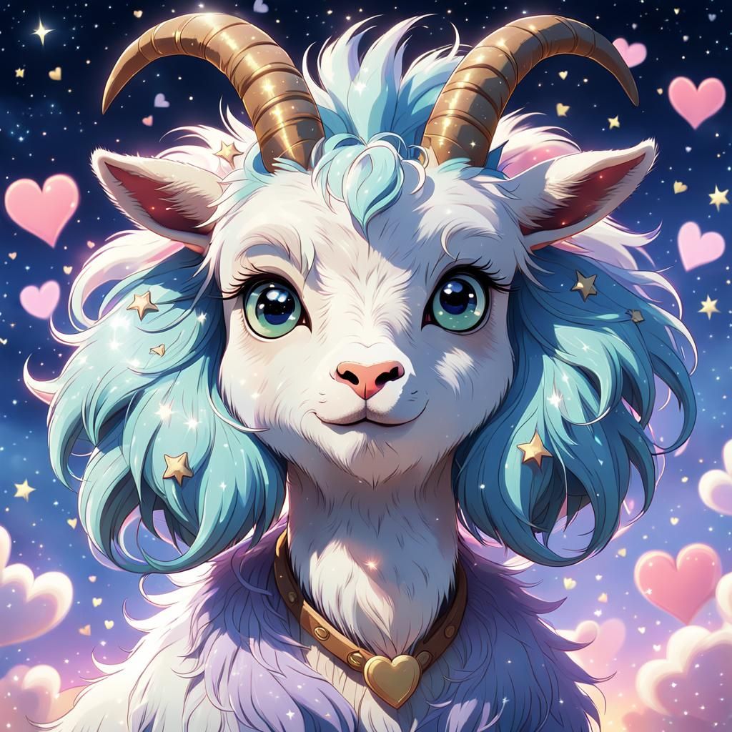 Cute Anime Goat Surrounded by Hearts and Stars