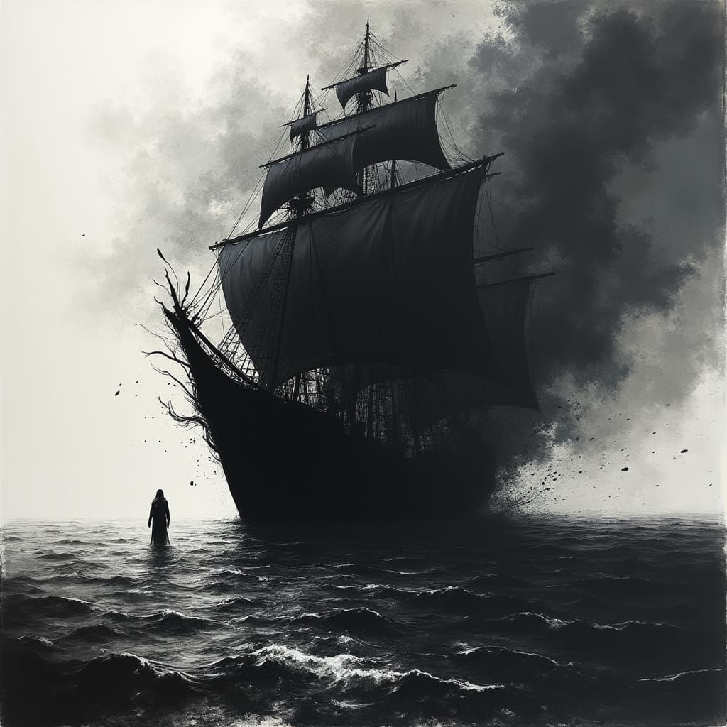 Ink-Drawn Ship on Dark Sea in Expressive Style
