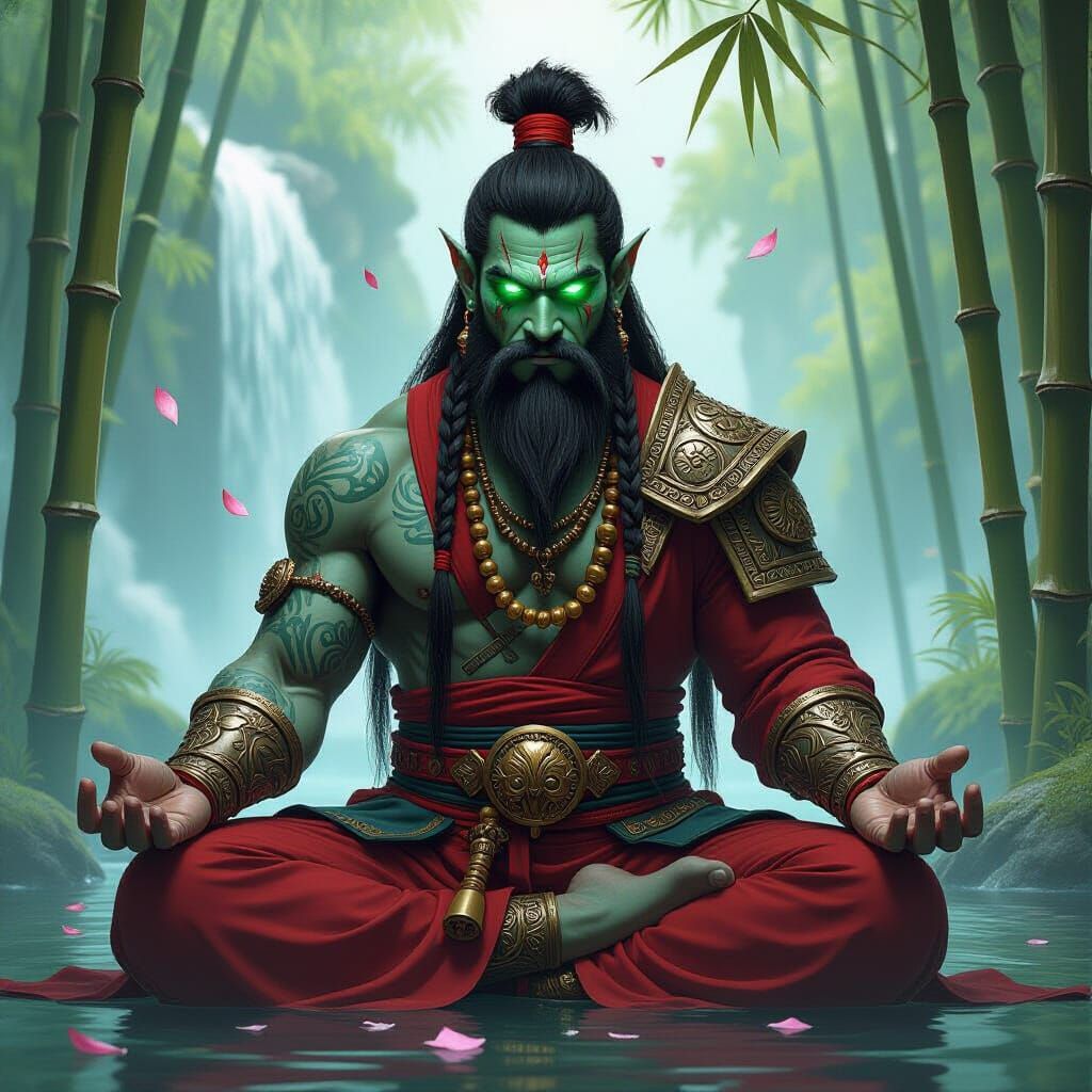 Orc Warrior Monk Meditating in Bamboo Forest, Comic Book Art