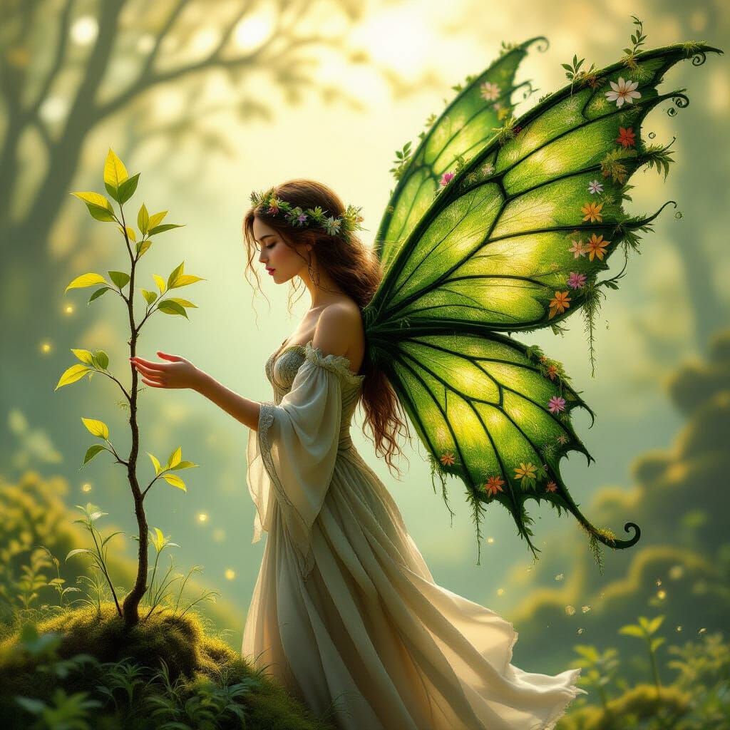 Ethereal Woman With Living Willow Wings Ascending