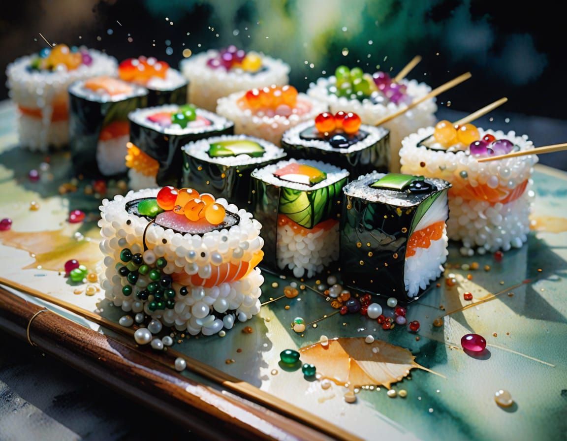 Gemstone Sushi: Hyperdetailed Watercolour Splash Art