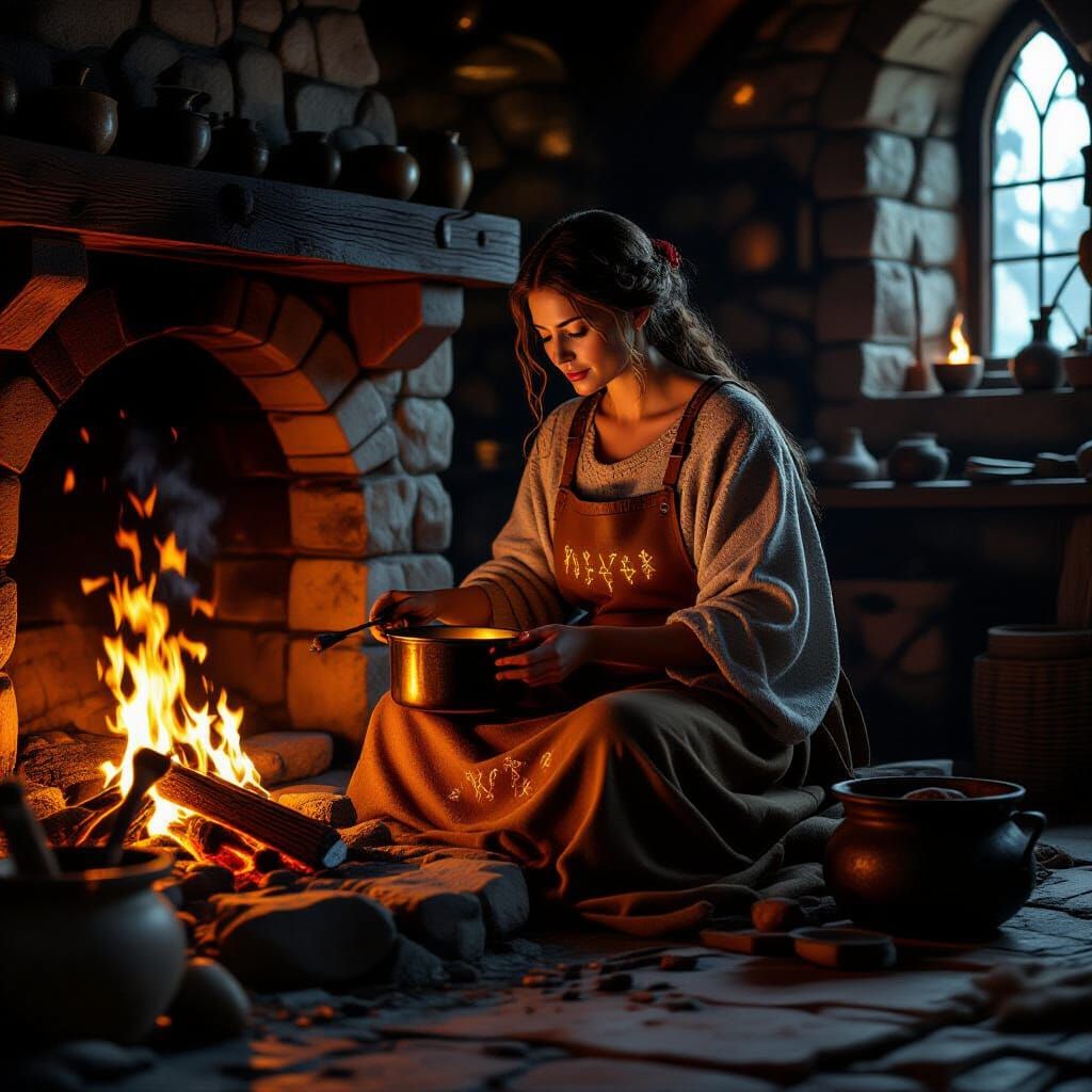 Nurturing Deity Tends Hearth in Ancient Stone Hall