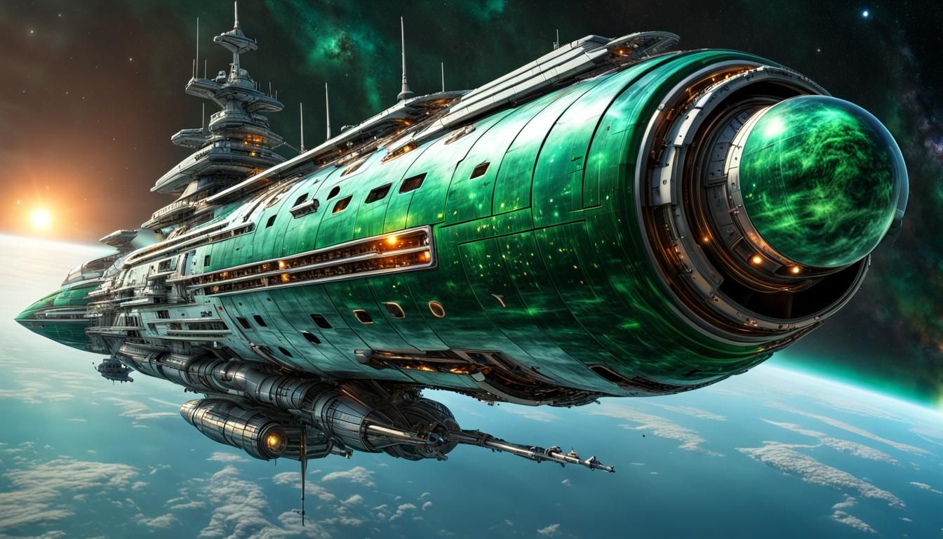Emerald Starship Cruiser in Cosmic Fantasy Style