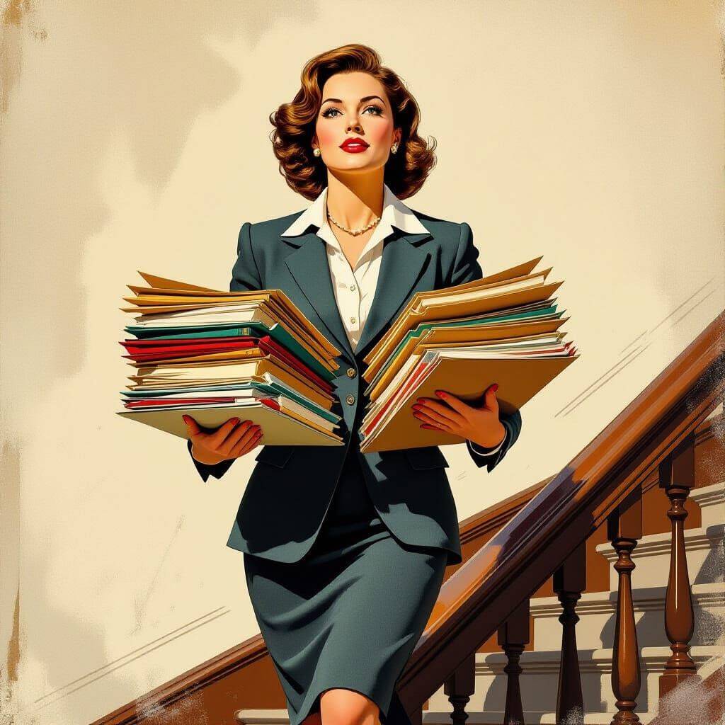 Businesswoman's Paperwork Struggle: Rockwell-esque Illustrat...