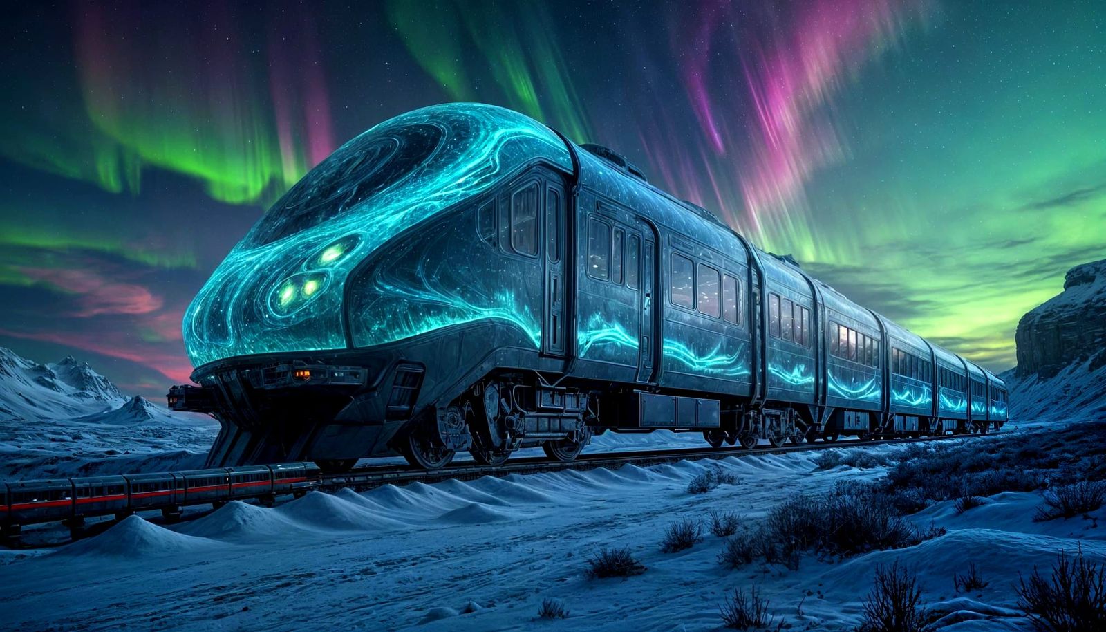 Bioluminescent Train on Alien Ice, Aurora Sky