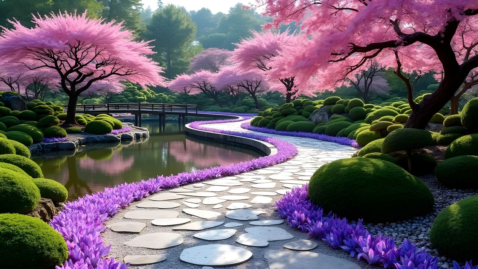 Japanese Garden Path with Glowing Purple Crystals