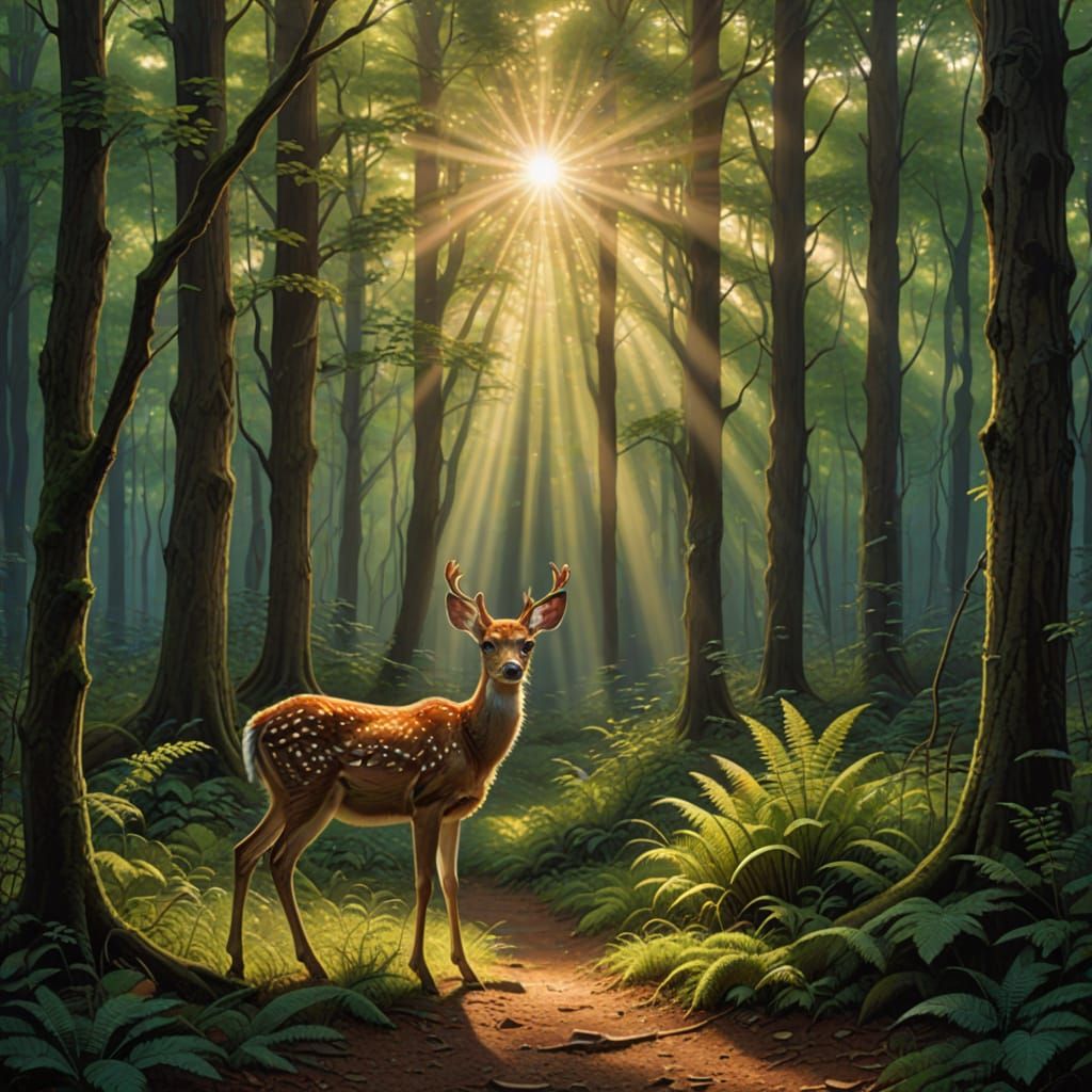 Magical Forest Fawn in Crepuscular Light