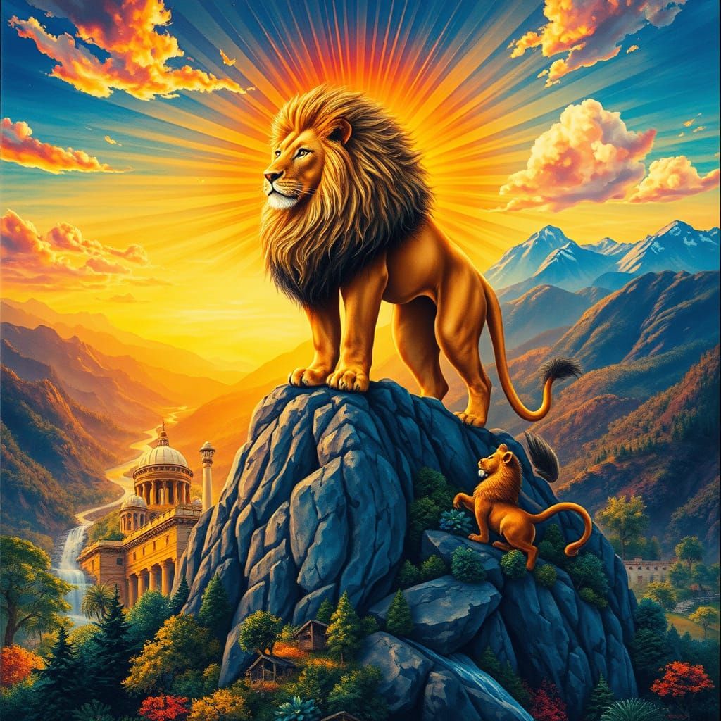 Lion of Radiant Splendor, Standing Amidst Vibrant Tapestry o...