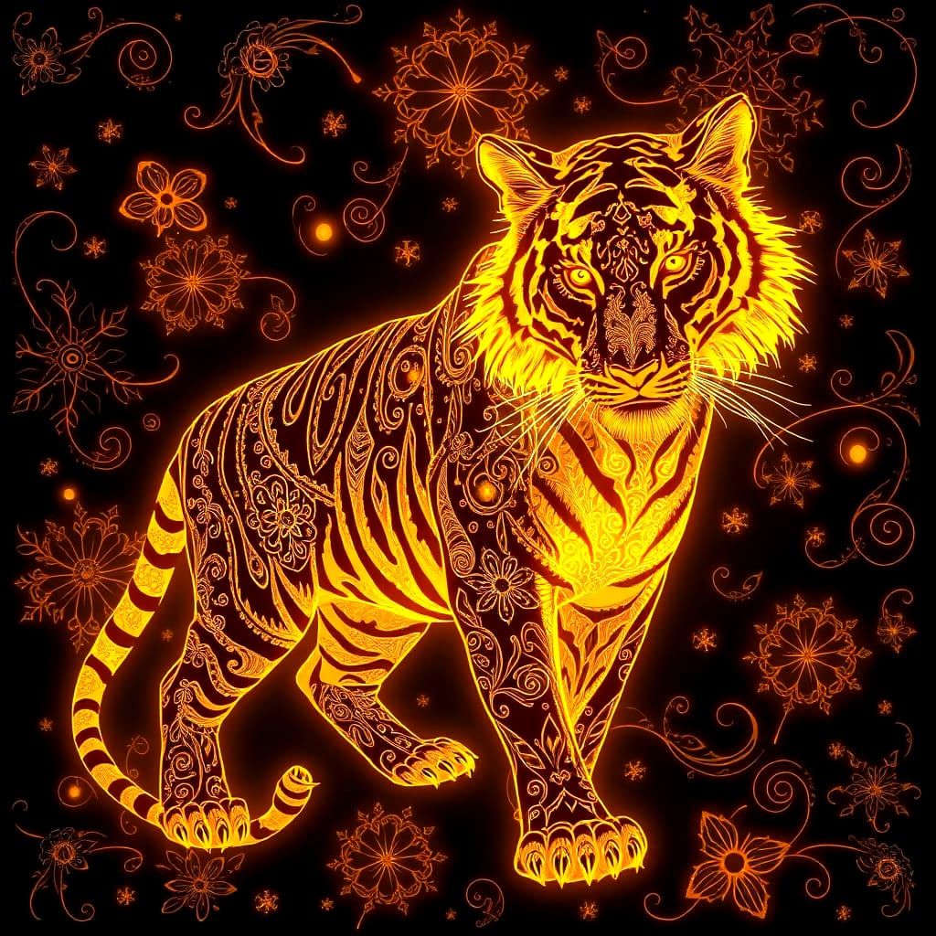 Bioluminescent Tiger with Golden Filigree Design