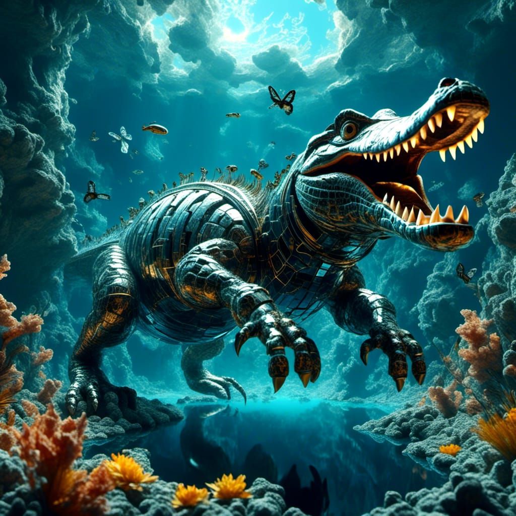 Flying Stained Glass Alligator in Magic Surrealism Style