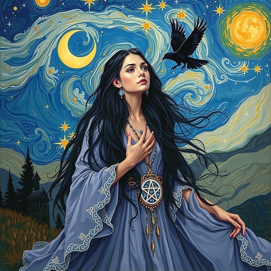 Enchanted Wiccan Goddess Under Starry Celestial Sky