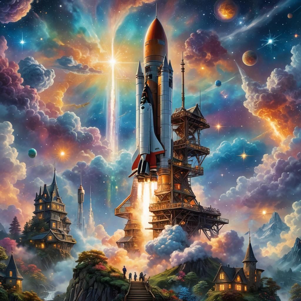 Ethereal Rocket Launch: Fantasy Art in Cosmic Mist