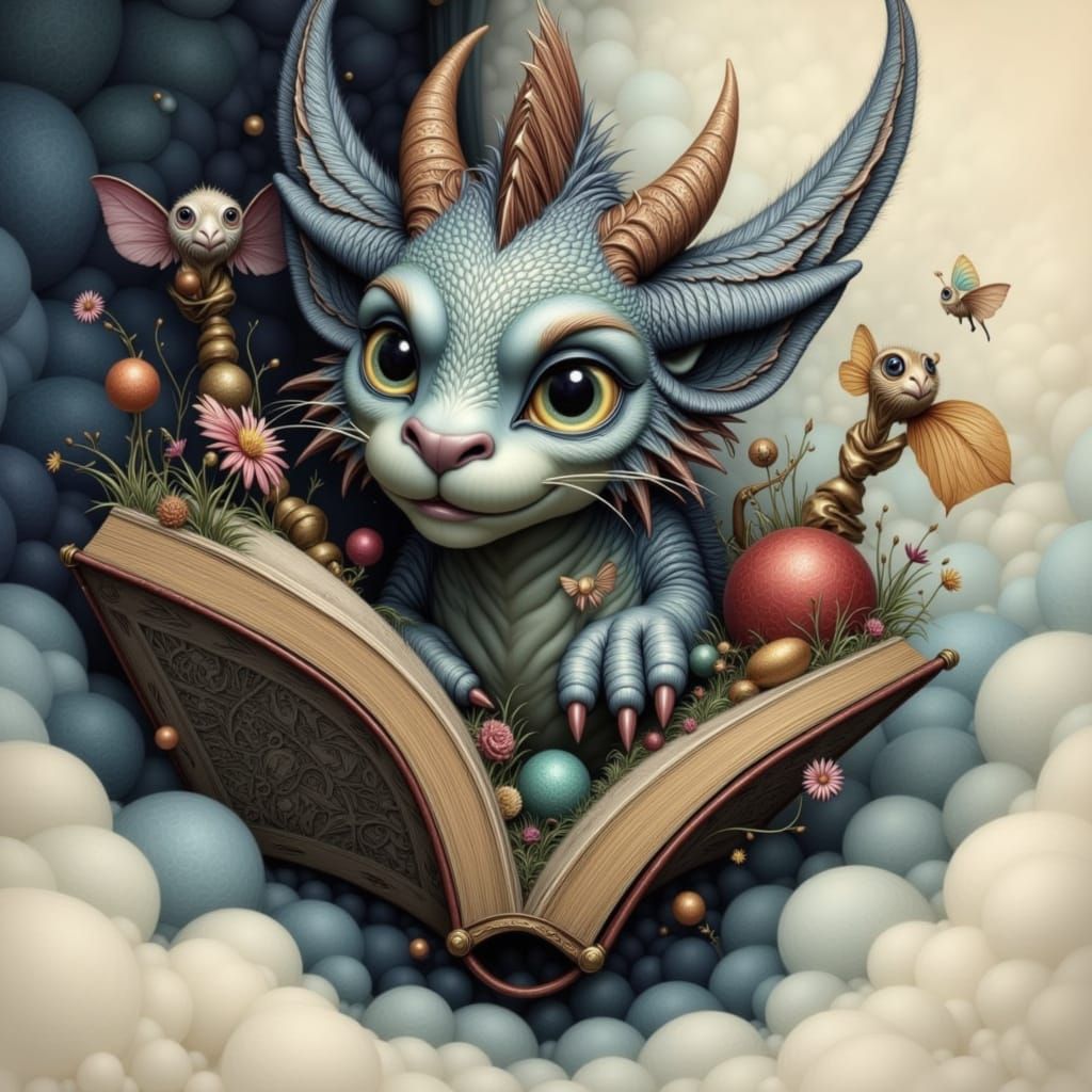 Cute Dragon Exploring Bookshelf Universe in Gemstone Style
