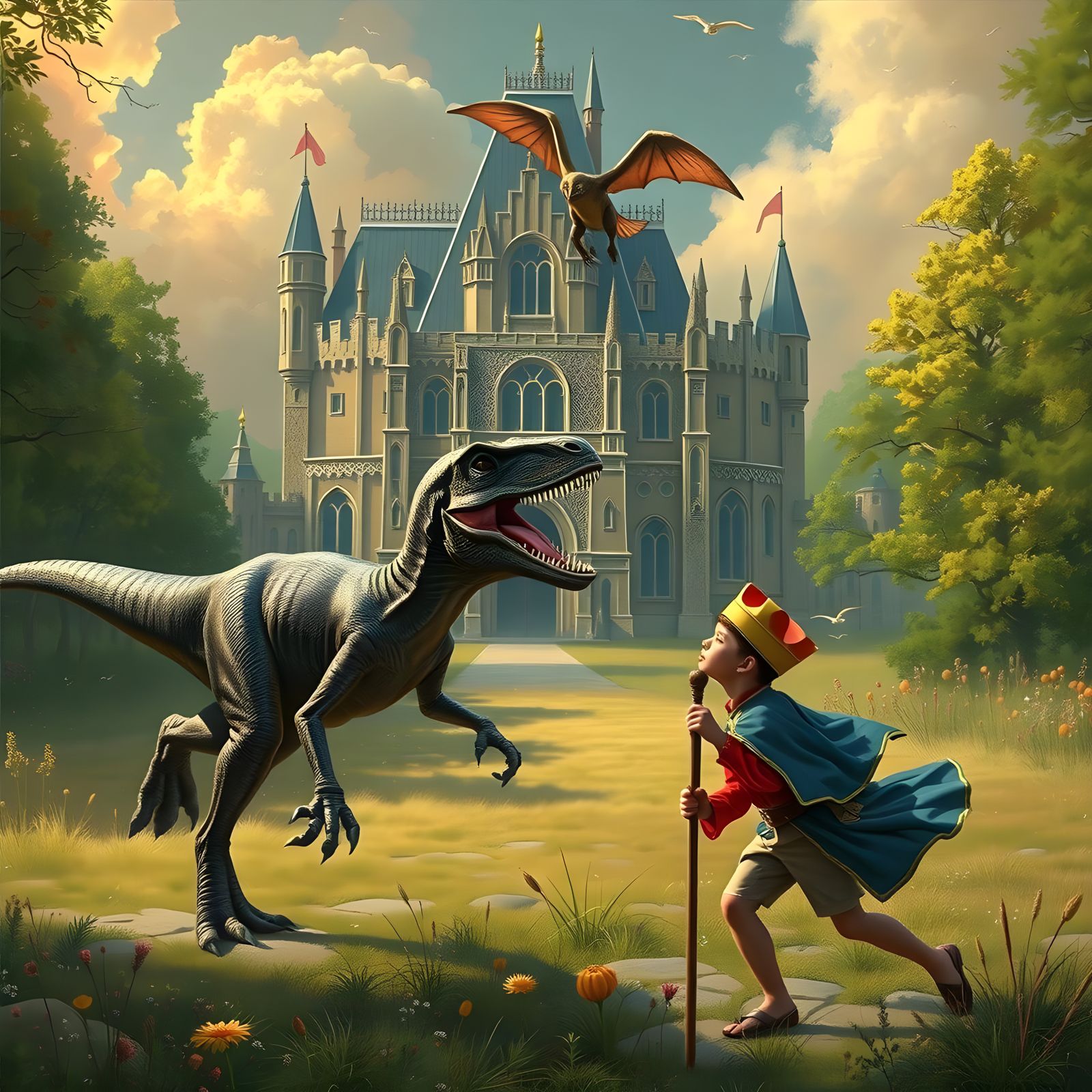 Renaissance Prince and Velociraptor Play in Park