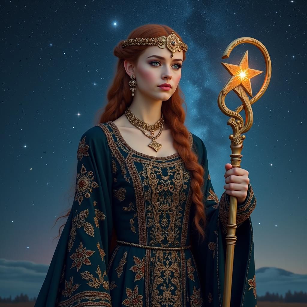 Lithuanian Goddess Vakarinė Under Starry Sky