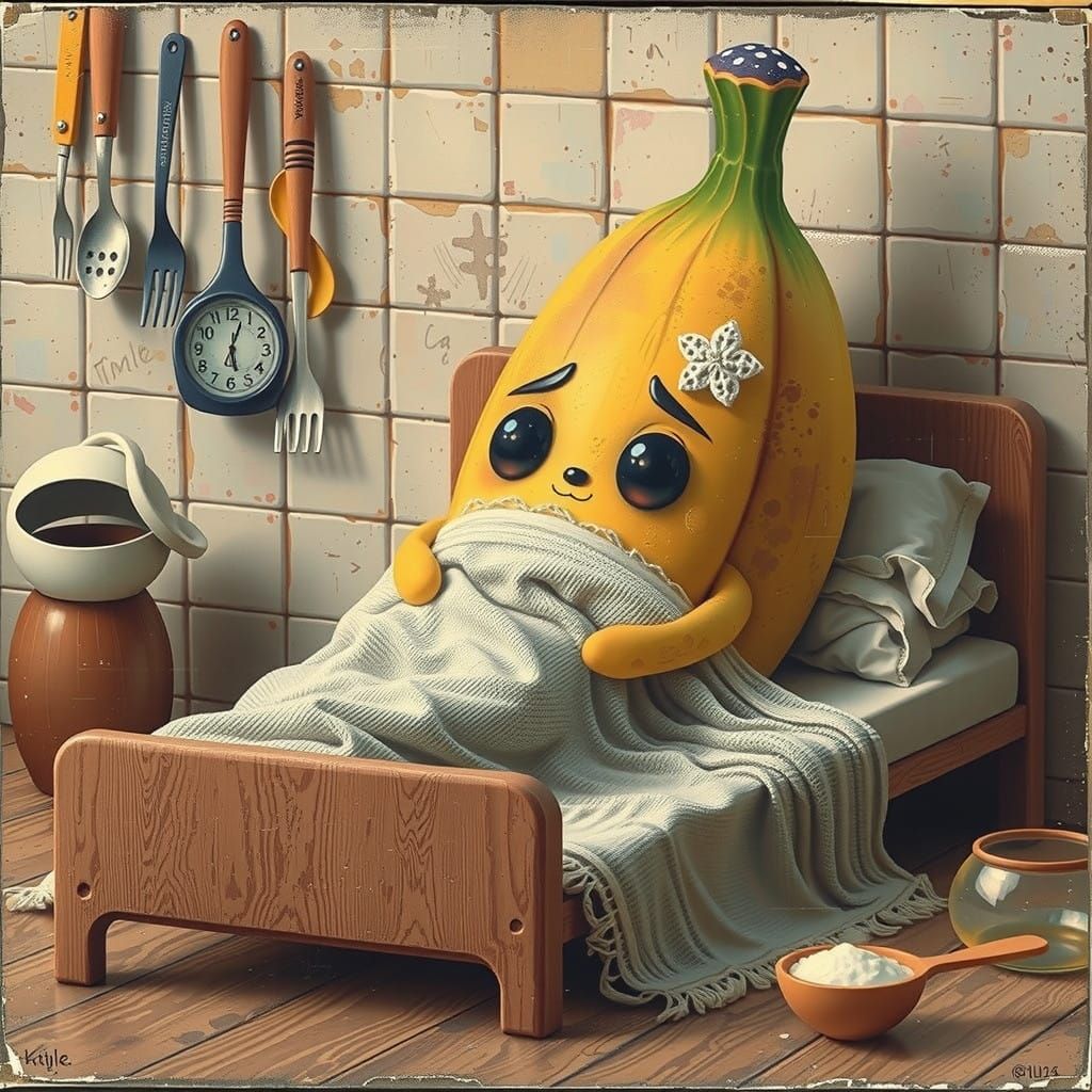 Surreal Oil Painting of a CGI Cartoon Banana in Bed