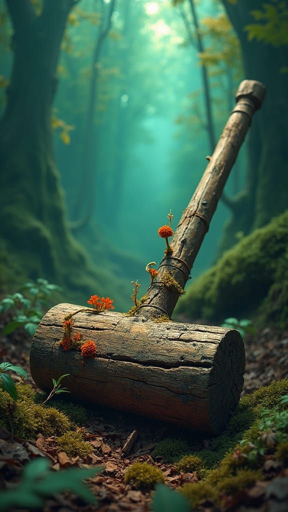 Decaying Wooden Hammer in Mystical Forest