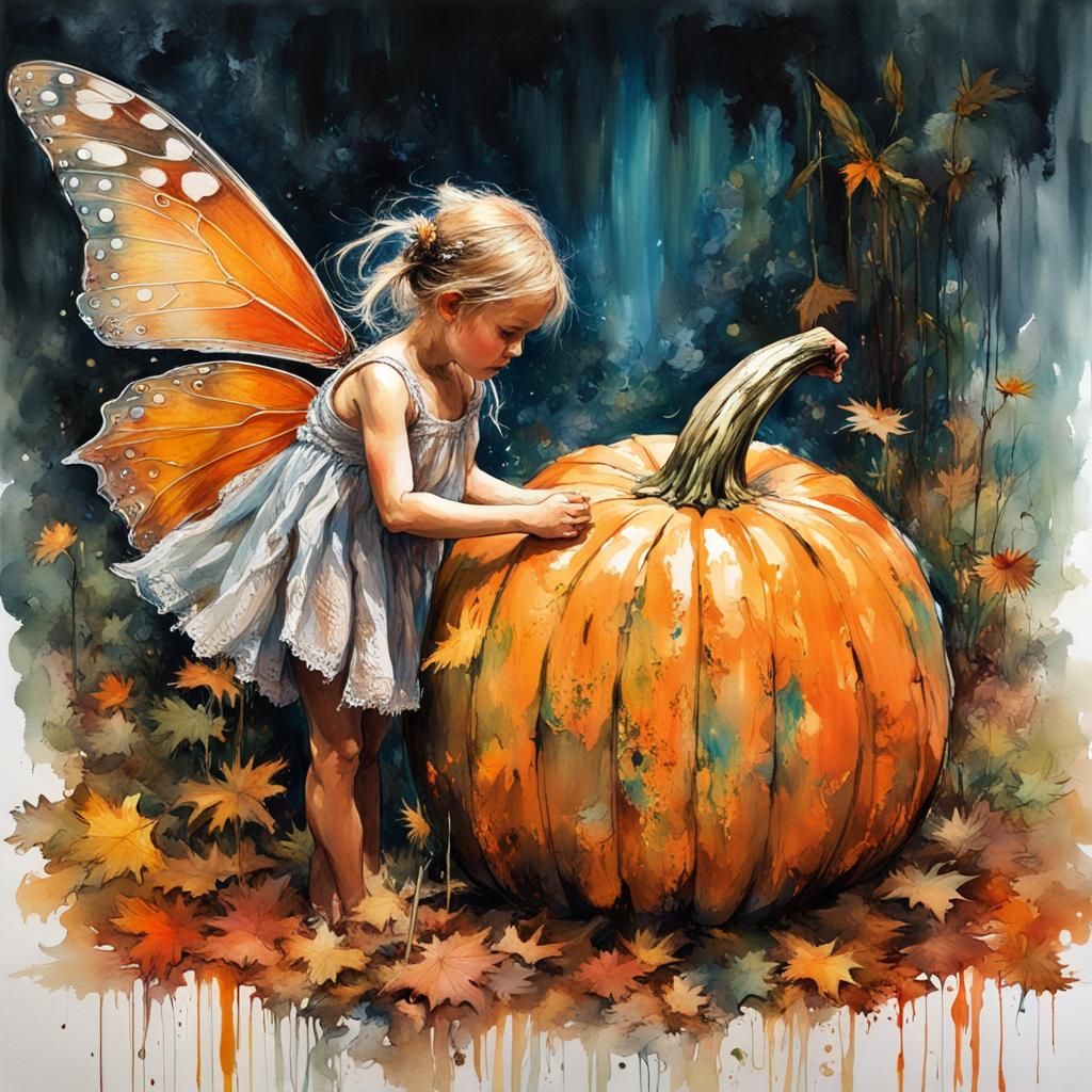 Fairy with Pumpkin: Impressionistic Watercolor Painting