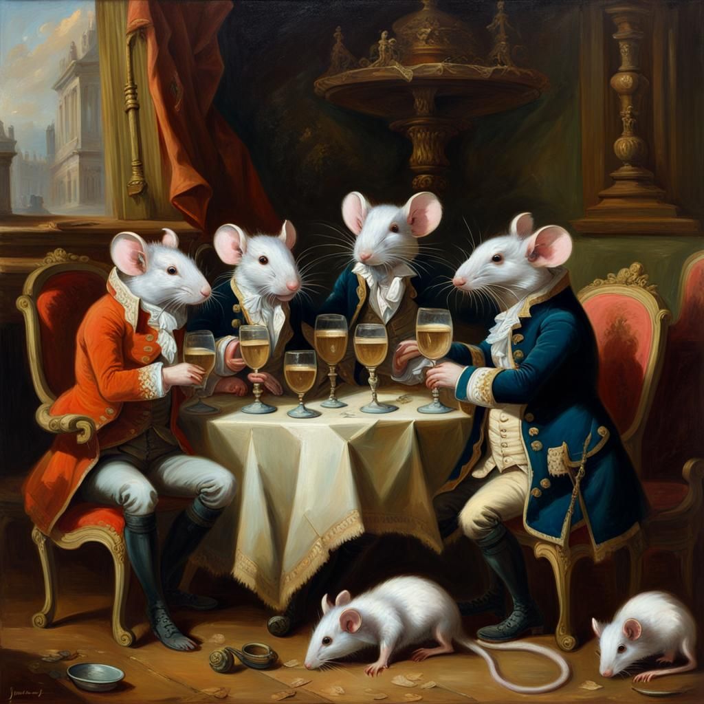 A group of noble french 18th century rats drinking champagne