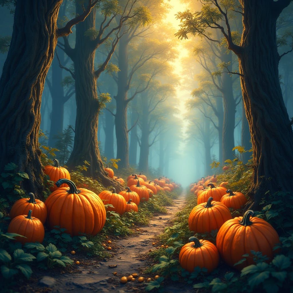 Mystical Forest Pumpkins in Matte Painting Style