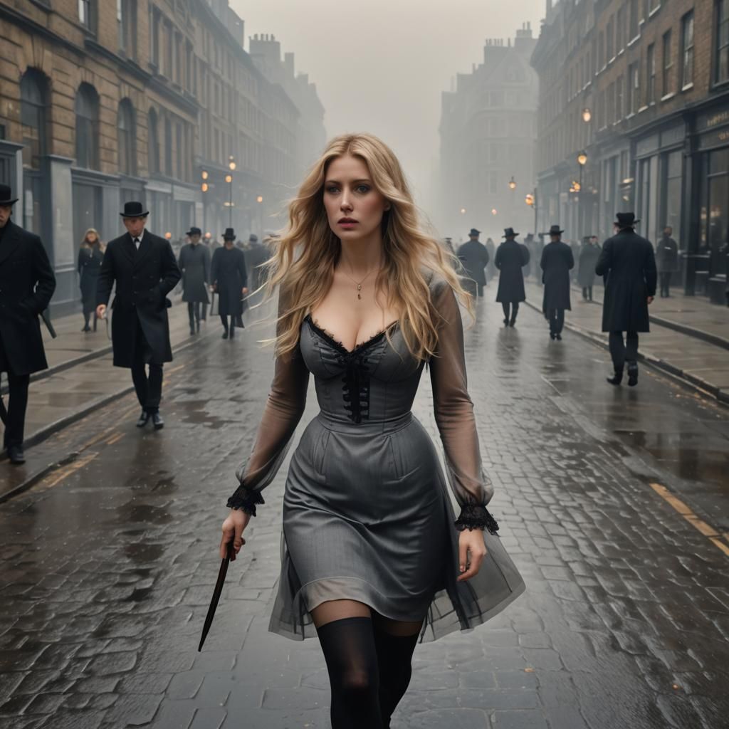 Victorian Woman Walks Foggy London Street in Hyperrealism