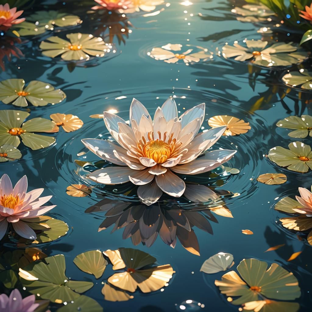 Vibrant Anime Flower Emerges from Crystal Water
