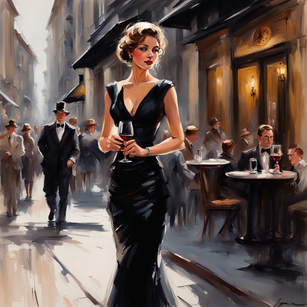 A painting of a woman holding a glass of wine...